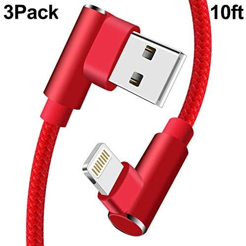 90 Degree iPhone Cable 10 FT 3 Pack Lightning Charger Cable Long Charging & Syncing Cord Compatible with iPhone XS/Max/XR/X/8/7/6/iPod/iPad.(Red,10ft)