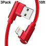90 Degree iPhone Cable 10 FT 3 Pack Lightning Charger Cable Long Charging & Syncing Cord Compatible with iPhone XS/Max/XR/X/8/7/6/iPod/iPad.(Red,10ft)