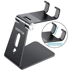 Adjustable Cell Phone Stand, OMOTON Aluminum Desktop Cellphone Stand with Anti-Slip Base and Convenient Charging Port, Fits All Smart Phones, Black