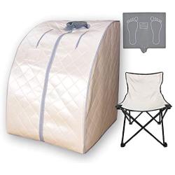 Smartmak Far Infrared Sauna X-Large, One Person Full Body at Home Weight Loss Oversized SPA Box with Upgraded Foot Pad and Reinforced Portable Chair- Beige