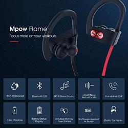 Mpow Flame Bluetooth Headphones V5.0 IPX7 Waterproof Wireless headphones, Bass+ HD Stereo Wireless Sport Earbuds, 7-9Hrs Playtime, cVc6.0 Noise Cancelling Mic for Home Workout, Running, Gym Red