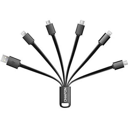 CHAFON Multi Charge Cable Short 3A,6 in 1 USB Charger Cord with 2 USB C,2 Phone,Micro Connectors Replacement for Cell Phone Tablets Speaker | Black,5.3 Inch