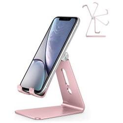 Adjustable Cell Phone Stand, OMOTON Aluminum Desktop Cellphone Stand with Anti-Slip Base and Convenient Charging Port, Fits All Smart Phones, Rose Gold