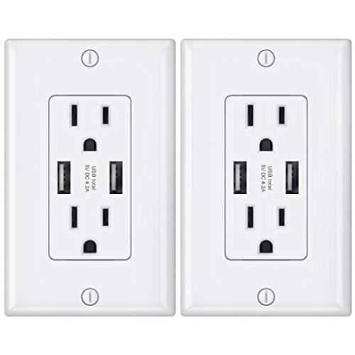 USB Wall Outlet,NUOZHI 15A Duplex Receptacle with Dual USB ports (5V/4.2A), Compatible with iPhone 11/XS/MAX/XR/X/8, Samsung Galaxy S9/S8/S7, LG, HTC & other Smartphones, ETL Listed, White 2 Pack