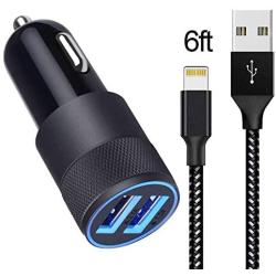 Car Charger Compatible with iPhone XR/XS MAX/X / 8/8 Plus / 7/6 / 6s Plus 5S 5 5C SE,iPad,iPad Mini and More, 3.1A Dual Port USB Car Charger Adapter with 6ft Nylon Braided Charging Cable