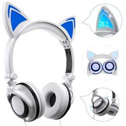 Stereo Kids Headphones,LIMSON Cat Headphones Foldable Size Adjustable Earphones with Flashing LED Lights for Kids Teens Adults, Compatible for iPad Tablet PC Computer Mobile Phone MP3 (White)