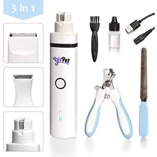 Pet Nail Grinder Clipper Set - Light Rechargeable 2-Speed, 3-in-1 Quiet Electric Dog Nail Trimmer and Fur Clipper Kit for your Cat or Dog - Painless / Small, Med or Large Breeds w/ USB Cable, and Case