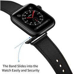 KYISGOS Compatible with iWatch Band 38mm 40mm, Genuine Leather Replacement Band Strap Compatible with Apple Watch Series 5 4 3 2 1 38mm 40mm, Black Band with Black Adapter