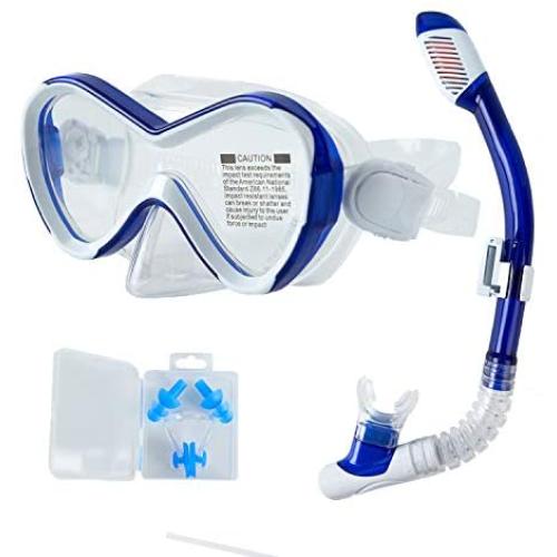 Rongbenyuan Dry Top Snorkel Set - Diving Mask and Snorkel Swimming Goggles with Nose Cover 180° Panoramic Wide View Anti-Fog No-Leak