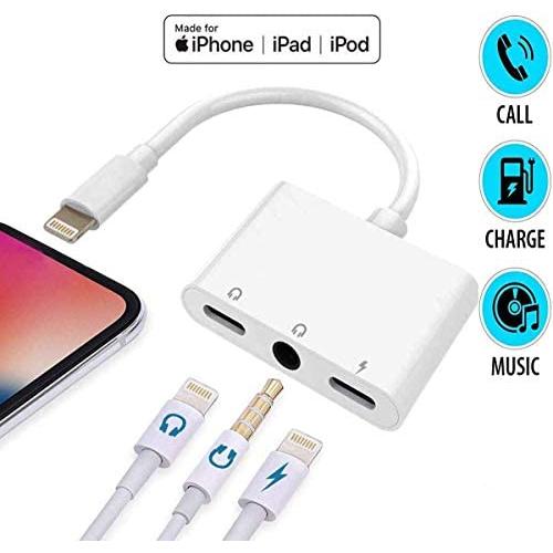 3 in 1 Dual 3.5mm Headphone Jack Adapter, Charger and Headphones Splitter Dongle, AUX Dual Audio Adapter for iPhone Xs/XS Max/XR/X / 7/7 Plus / 8/8 Plus, iPad, iPod (iOS 11, 12,13) - White