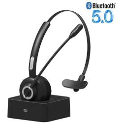 Trucker Bluetooth 5.0 Headset for Cell Phone, iDIGMALL Wireless Office Headphones w/Noise Cancelling Microphone, Charging Base, 17Hrs Talking Time for PC Skype Call Center, Mute ON/Off