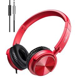 Vogek On Ear Headphones with Mic, Stereo Bass Fold-Flat Headset, Wired Portable Earphones with Microphone, Adjustable Headband and 1.5M Tangle Free Cord for Kids Students Teens Adults, Red