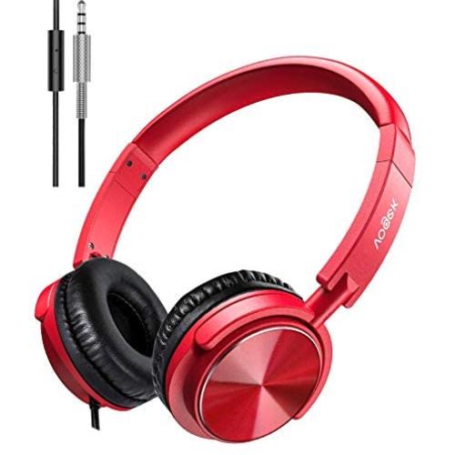 Vogek On Ear Headphones with Mic, Stereo Bass Fold-Flat Headset, Wired Portable Earphones with Microphone, Adjustable Headband and 1.5M Tangle Free Cord for Kids Students Teens Adults, Red