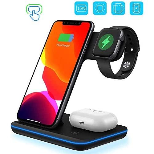 3 in 1 Wireless Charger, Upgraded Version Wireless Charging Station for Apple Watch 5/4/3/2/1 & AirPods,Wireless Charging Station 15W Qi Fast Charger for Pro iPhone 11/11 Pro Max/XS/X/8/8P (Black)