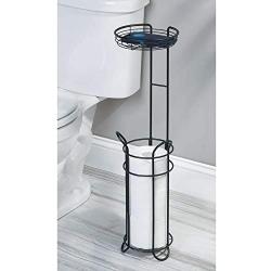 mDesign Freestanding Metal Wire Toilet Paper Roll Holder and Tray Stand for Bathroom Storage Organization - Top Round Storage Shelf for Cell Phone, Book, Spray - Holds 3 Mega Rolls - Matte Black