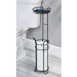 mDesign Freestanding Metal Wire Toilet Paper Roll Holder and Tray Stand for Bathroom Storage Organization - Top Round Storage Shelf for Cell Phone, Book, Spray - Holds 3 Mega Rolls - Matte Black