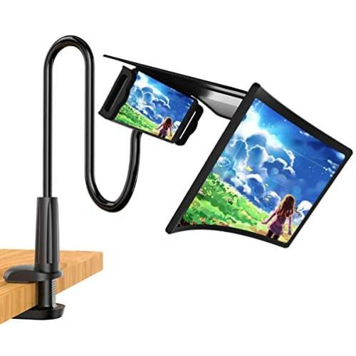 12" Phone Screen Magnifier with Gooseneck Phone Holder, 3D Curve Screen Amplifier, 360 Degrees Adjustable Clamp Phone Stand, Movie,Video and Gaming HD Magnifying Screen, Compatible All Smartphone