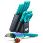 DISHWASHER SAFE Rainbow Titanium Cutlery Knife Set, Marco Almond KYA27 Kitchen Knives Set with Wooden Block, Rainbow Titanium Coating,Chef Quality for Home & Pro Use, Best Gift,14 Piece Turquoise