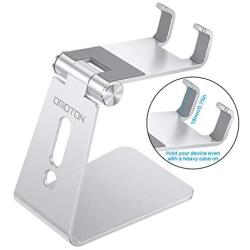 Adjustable Cell Phone Stand, OMOTON Aluminum Desktop Cellphone Stand with Anti-Slip Base and Convenient Charging Port, Fits All Smart Phones, Silver