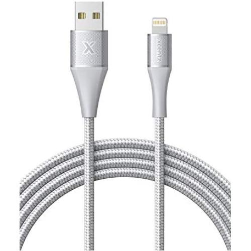 Lightning Cable 3ft Xcentz, Apple MFi Certified iPhone Charger, Braided Nylon Fast Charging iPhone Cable with Premium Metal Connector for iPhone 11/11 Pro/X/XS/XR/XS Max/8, iPad Mini/Air-Silver