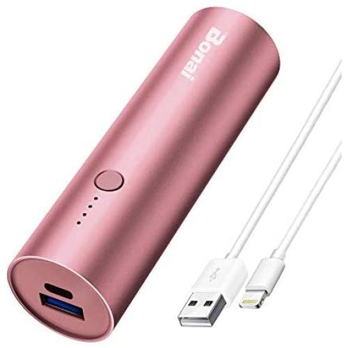 Portable Charger, BONAI Ultra-Compact Aluminum Power Bank 5000mAh Travel, High-Speed Output External Backup Battery Compatible iPhone, iPad, iPod, Samsung, Tablets - Pink(Charging Cable Included)