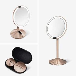 simplehuman 5" Round Mini Travel Sensor Makeup Mirror, 10x Magnification, Rechargeable, Rose Gold Stainless Steel