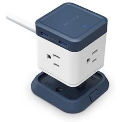 BESTEK Compact Power Strip Travel Cube 3-Outlet and 4 USB Charging Station with Mountable Detachable Base, 5 Feet Extension Cord, Flat Plug,1875W