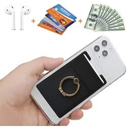 New 5-in-1 Cell Phone Wallet-Stick On Spandex Ring Card Holder Sleeve Back-Double-Pocket+Magnetic+Finger Grip Strap Loop+Kickstand+RFID Block ,Most of Smartphones (iPhone/Android/Samsung Galaxy)