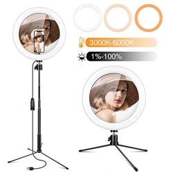 Gugusure 10" Led Ring Light with Tripod Stand & Phone Holder, Dimmable Desk Makeup Ring Light for Live Streaming/Make Up/YouTube Video, Selfie Ring Light with 3 Light Modes and 10 Brightness Level