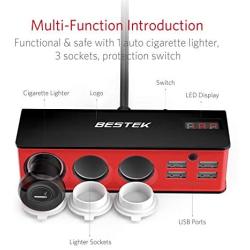 BESTEK 3-Socket 200W 12V/24V DC Cigarette Lighter Power Adapter with 6A 4-Port Car USB Splitter Charger