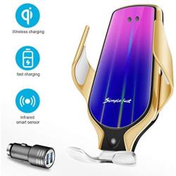 Wireless Charger Car Qi Touch Sensing Mount Kit Phone Stand Automatic Retractable Clip Fast Charging Holder Compatible with iPhone Xs Max/XR/X/11/11 Pro/8/8Plus Samsung S10/S10+/S9/S9+/S8/S8+（Gold