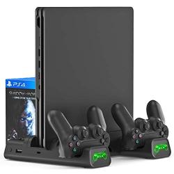 KINGTOP Vertical Cooling Fan Cooler Stand for PS4/PS4 Slim/PS4 Pro, Controller Charger with LED Indicators Charging Dock Station with 10PCS Games Storage