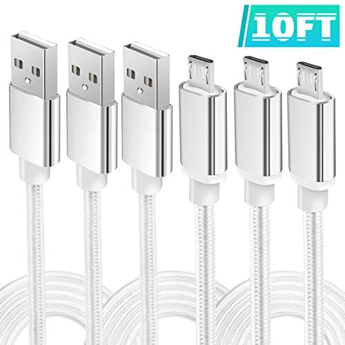 Micro USB Cable 10FT Android Charger Cable 3 Pack Extra Long Nylon Braided Cord Compatible for Samsung Galaxy S7 Edge S6 S5 J7 J3 Prime/Star/Sky LG G3 G4 K30 K40 PS4 Xbox Tablet White