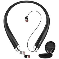 Bluetooth Headphones, Doltech Bluetooth 5.0 Neckband Wireless Headphones Noise Cancelling Headset with Carrying Case, Retractable Earbuds Stereo Earphones with Mic (Black)