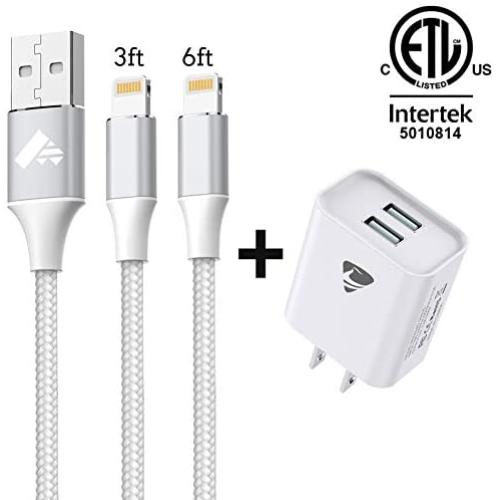 iPhone Charger, MFi Certified Lightning Cable (3ft+6ft) Nylon Braided Cord with 2 Port USB Plug Wall Charger Adapter Fast Charging Block Compatible Phone SE 2020 12 11 Pro Max XS XR 10 8 7 6s 6 iPad