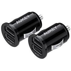 AUKEY USB Car Charger, Flush Fit Ultra Compact Dual Port 24W/4.8A Output (2-Pack) for iPhone iPad Samsung & Others - Black