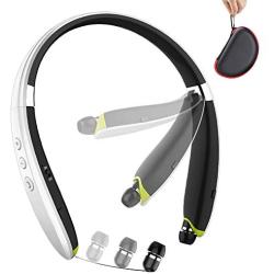 Bluetooth Headphones, BEARTWO Upgraded Foldable Wireless Neckband Headset with Retractable Earbuds, Noise Cancelling Stereo Earphones with Mic for Workout, Running, Driving (with Carry Case) (White)