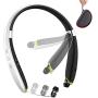 Bluetooth Headphones, BEARTWO Upgraded Foldable Wireless Neckband Headset with Retractable Earbuds, Noise Cancelling Stereo Earphones with Mic for Workout, Running, Driving (with Carry Case) (White)