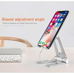 POKANIC Cell Phone Fully Foldable Stand Dock Holder Cradle Mount Organizer Charger Station Table Desk Bed Office School Kitchen Travel Portable Adjustable Multi-Angle Aluminum Non-Slip (Silver)