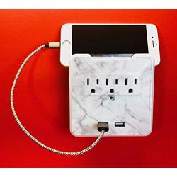 Glamsockets Decorative Wall Mount Surge Protector with 3 Outlets, Dual USB Charging Ports and Phone Holder - USB Charging Center/Multi Function Wall Tap (Carrara Marble)