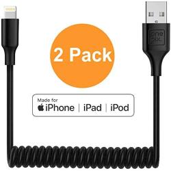 ONE PIX Coiled Lightning Cable for iPhone (2 Pack), MFi Certified Coil Car Charger Cable Compatible with iPhone 11/XS/XS Max/XR/X/8/8 Plus/7/7 Plus/6s/6s Plus/6/6 Plus/SE/5s/5c/5/iPad/iPod - Black