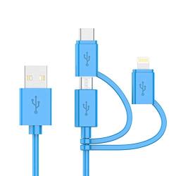 Apple MFI Certified 3-in-1 Cable, Lightning/Type C/Micro USB Cable for iPhone, iPad, Huawei, HTC, LG, Samsung Galaxy, Sony Xperia, Android Smartphones, iPad Pro 2018 and More 3 in 1 Blue(3FT)