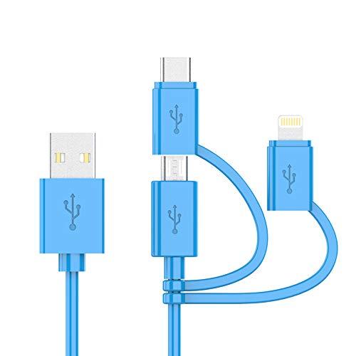 Apple MFI Certified 3-in-1 Cable, Lightning/Type C/Micro USB Cable for iPhone, iPad, Huawei, HTC, LG, Samsung Galaxy, Sony Xperia, Android Smartphones, iPad Pro 2018 and More 3 in 1 Blue(3FT)
