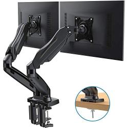 HUANUO Dual Monitor Stand - Adjustable Gas Spring Monitor Desk Mount Swivel VESA Bracket with C Clamp, Grommet Mounting Base for 17 to 27 Inch Computer Screens - Each Arm Holds 4.4 to 14.3lbs