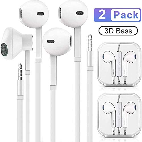 Headphones/Earphones/Earbuds,3.5mm aux Wired Headphones Noise Isolating Earphones Built-in Microphone & Volume Control Compatible iPhone iPod iPad Android/MP3 MP4 (2PACK-White)