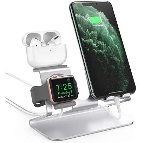 AhaStyle 3 in 1 Charging Stand Dock Aluminum Desktop Holder for Cell Phone, AirPods Pro/AirPods 2/ AirPods and Apple Watch Series 5/4/3/2/1(Silver)