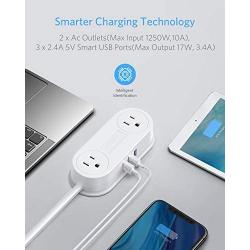 Small Power Strip with 3 USB Ports, BESTEK 2 Outlet Portable Plug Strip Charging Station with Adhesive Sticker, 5 Ft Extension Cord, Ultra-Compact for Cruise Ships, Dorm Room,Travel, Bedside, Office