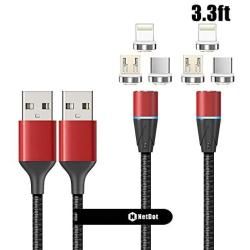 NetDot Gen12 3 in 1 Magnetic Fast Charging Data Transfer Cable Compatible with Micro USB & USB-C Smartphones and i-Product(3.3ft/2 Pack red)