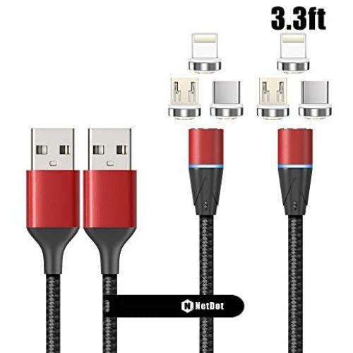 NetDot Gen12 3 in 1 Magnetic Fast Charging Data Transfer Cable Compatible with Micro USB & USB-C Smartphones and i-Product(3.3ft/2 Pack red)