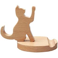 Cute Cat Cell Phone Stand, MHKBD Wooden Phone Stand Cell Phone Holder Desktop Cellphone Stand Universal Desk Stand for All Smart Phone Desk Decoration, Great Gift for Thanksgiving Day and Christmas